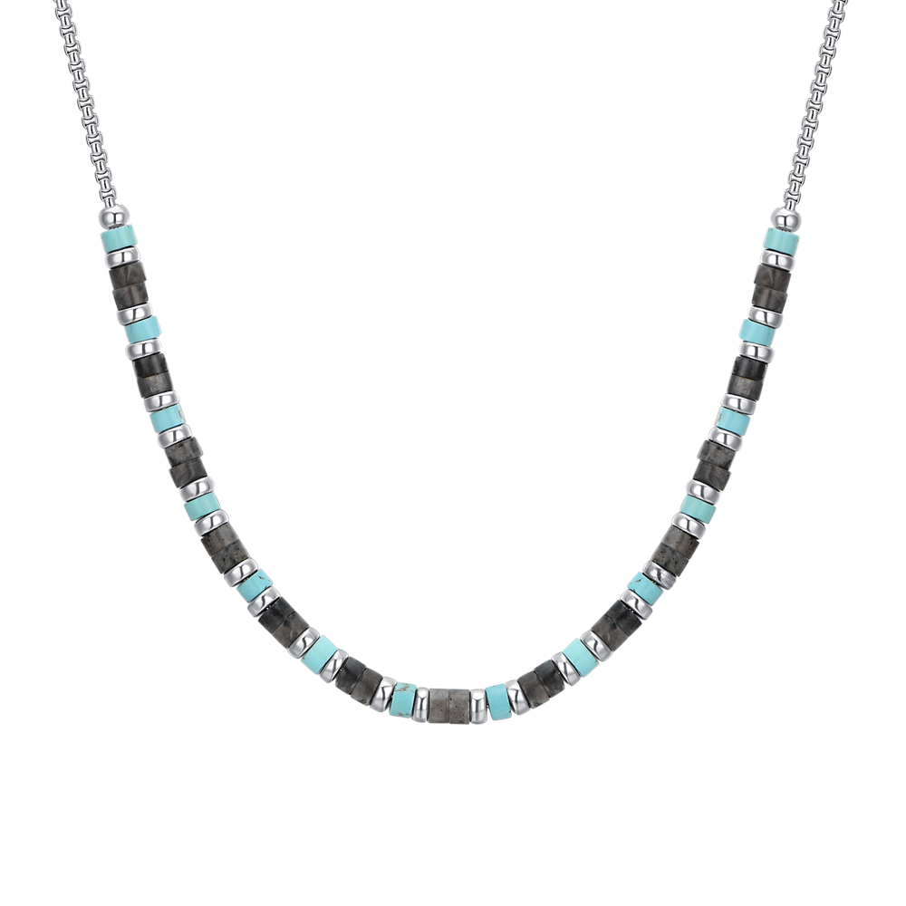 COLLAR DE ACERO PARA HOMBRE PIEDRAS GRISES Y TURQUESA