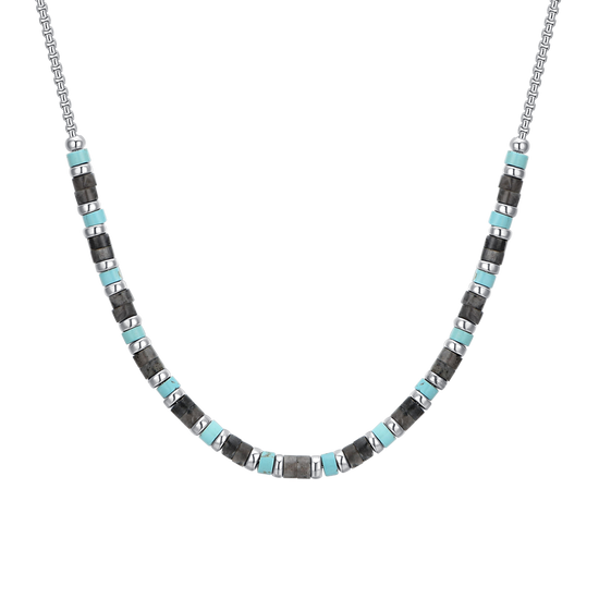 COLLAR DE ACERO PARA HOMBRE PIEDRAS GRISES Y TURQUESA