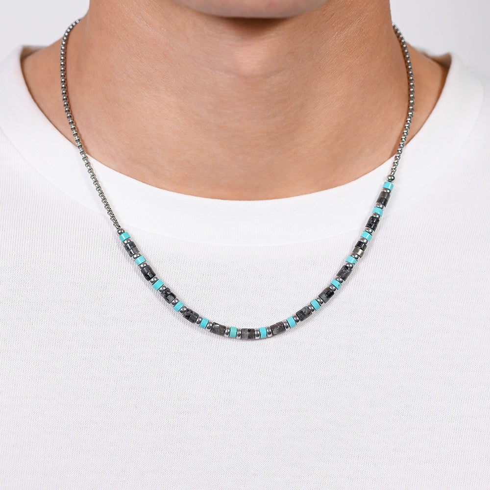 COLLAR DE ACERO PARA HOMBRE PIEDRAS GRISES Y TURQUESA