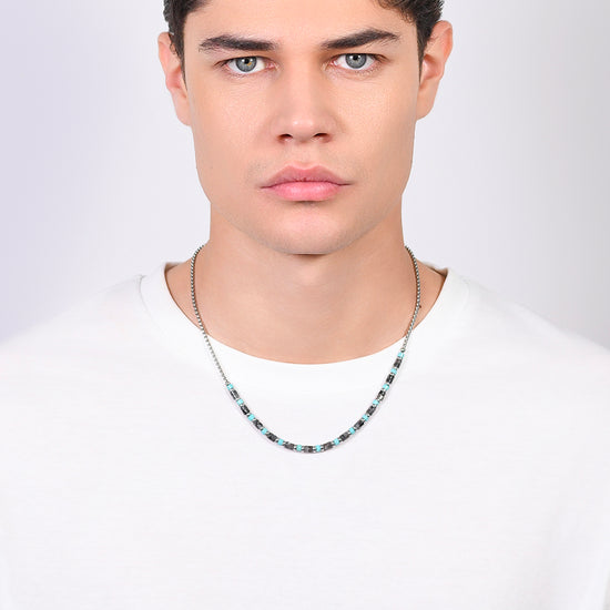 COLLAR DE ACERO PARA HOMBRE PIEDRAS GRISES Y TURQUESA