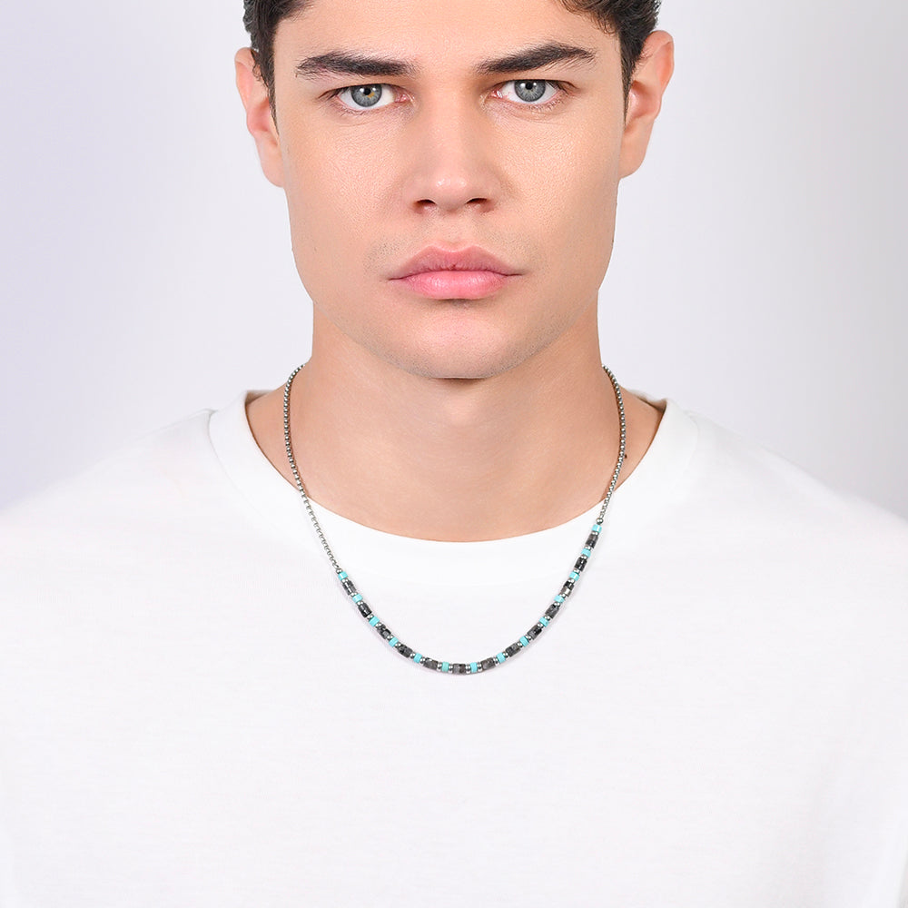 COLLAR DE ACERO PARA HOMBRE PIEDRAS GRISES Y TURQUESA
