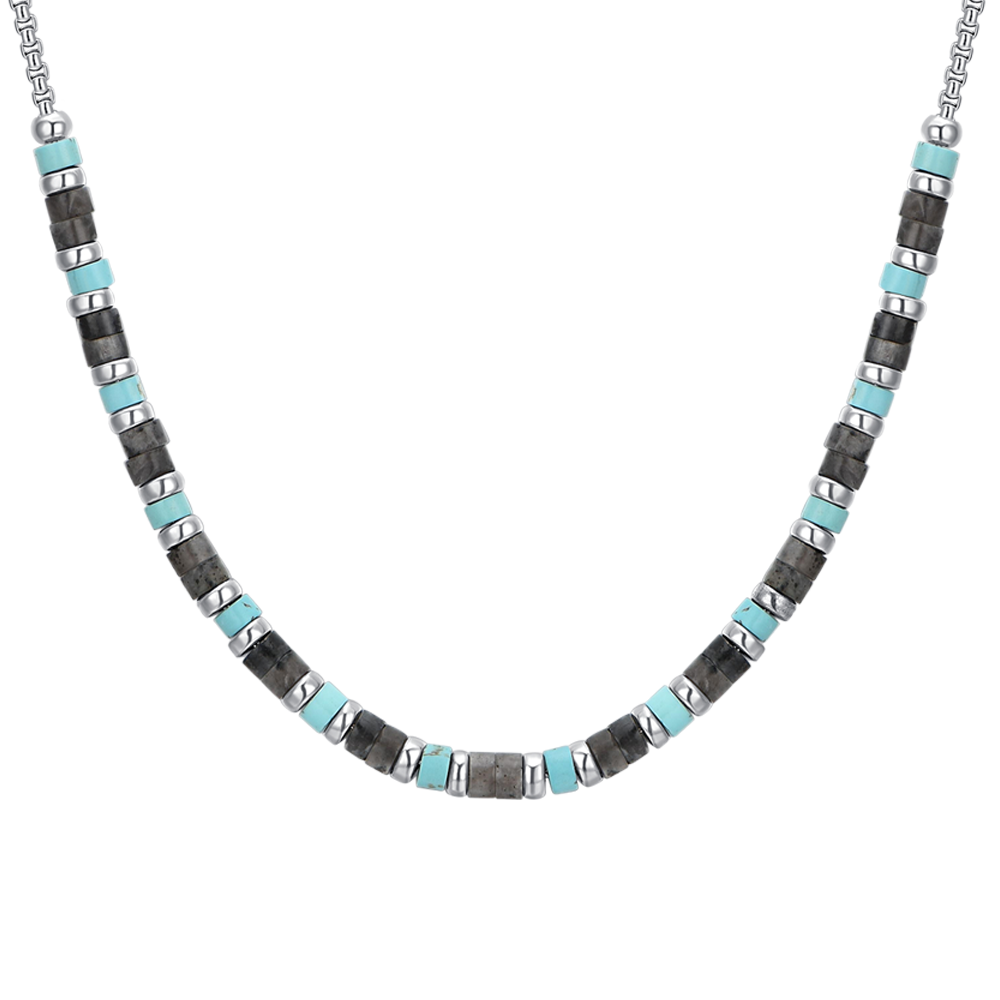 COLLAR DE ACERO PARA HOMBRE PIEDRAS GRISES Y TURQUESA