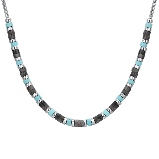 COLLAR DE ACERO PARA HOMBRE PIEDRAS GRISES Y TURQUESA