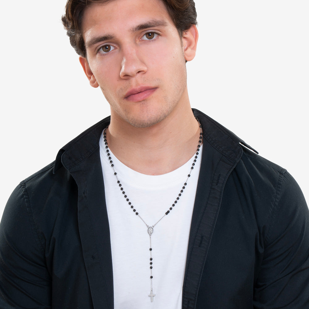 COLLANA UOMO ROSARIO SFERE IN ACCIAIO NERO E ACCIAIO