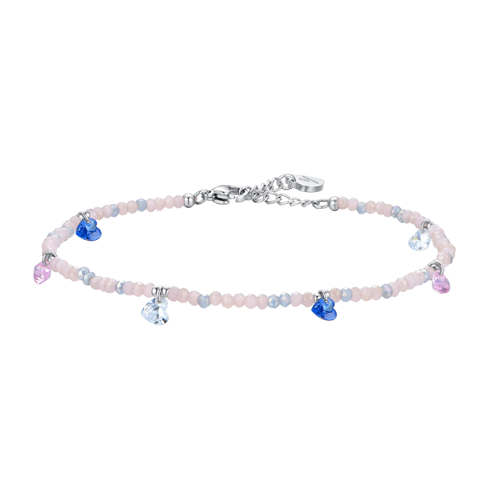 TOBILLERA DE ACERO PARA MUJER PIEDRAS ROSAS Y CRISTALES MULTICOLORES