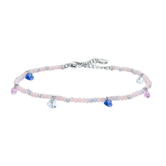 TOBILLERA DE ACERO PARA MUJER PIEDRAS ROSAS Y CRISTALES MULTICOLORES