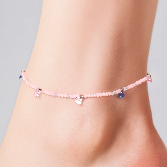 TOBILLERA DE ACERO PARA MUJER PIEDRAS ROSAS Y CRISTALES MULTICOLORES