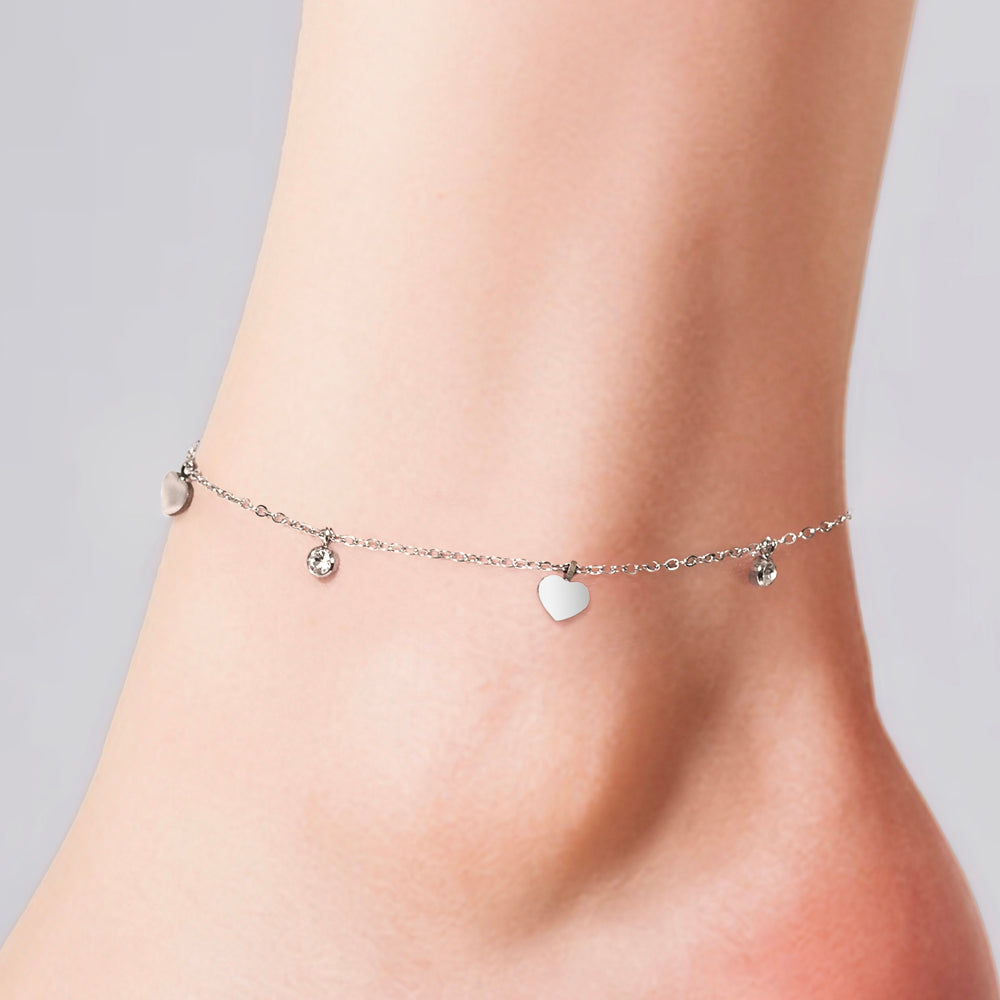 TOBILLERA DE MUJER EN ACERO ZIRCONIA CÚBICA Y CORAZONES