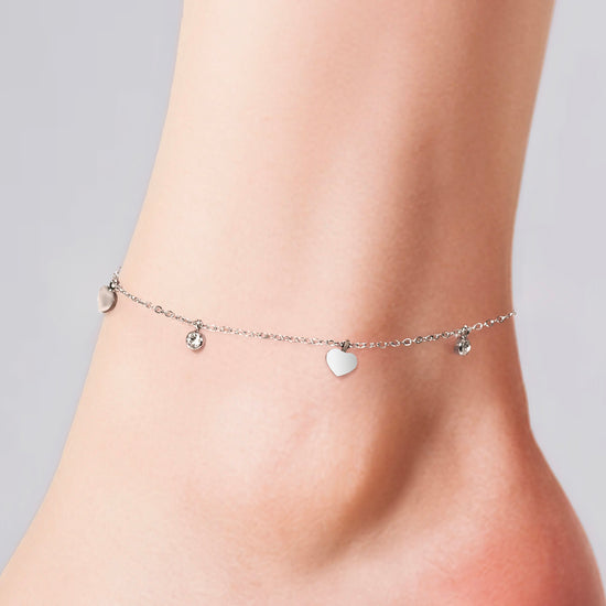 TOBILLERA DE MUJER EN ACERO ZIRCONIA CÚBICA Y CORAZONES