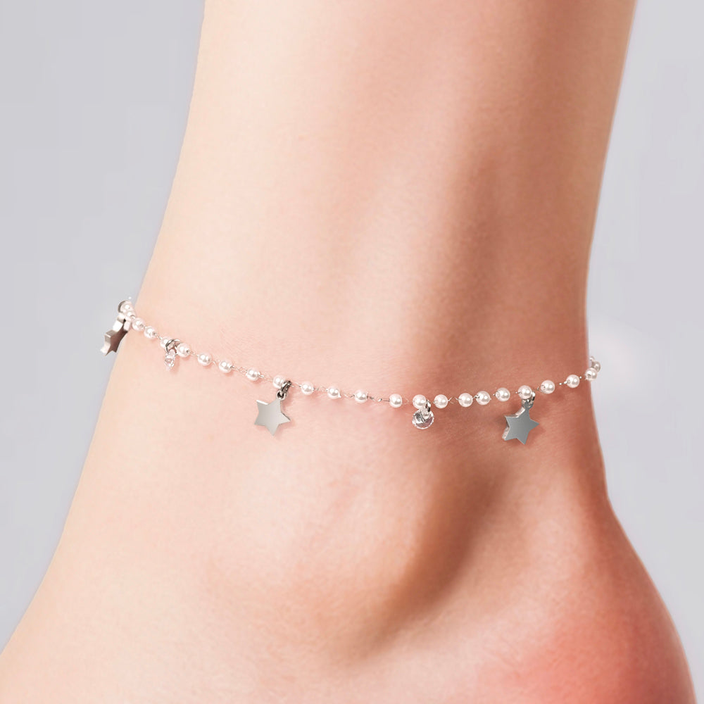 TOBILLERA DE PERLAS Y ESTRELLAS DE ACERO PARA MUJER