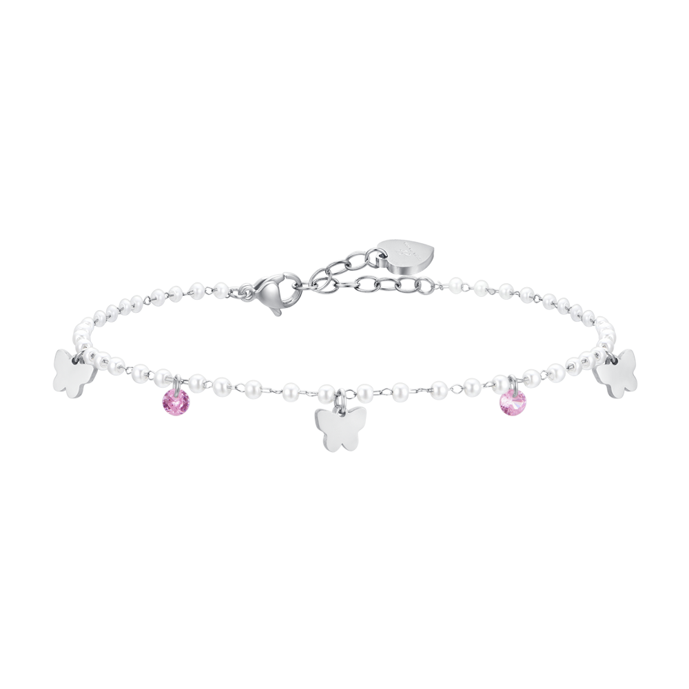 TOBILLERA DE ACERO PARA MUJER CON PERLAS Y MARIPOSAS