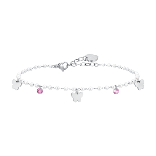 TOBILLERA DE ACERO PARA MUJER CON PERLAS Y MARIPOSAS