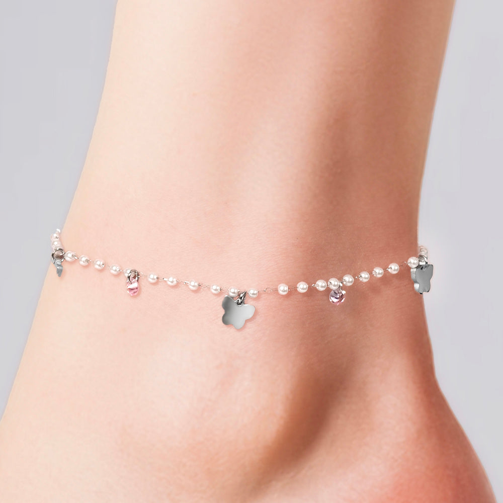 TOBILLERA DE ACERO PARA MUJER CON PERLAS Y MARIPOSAS