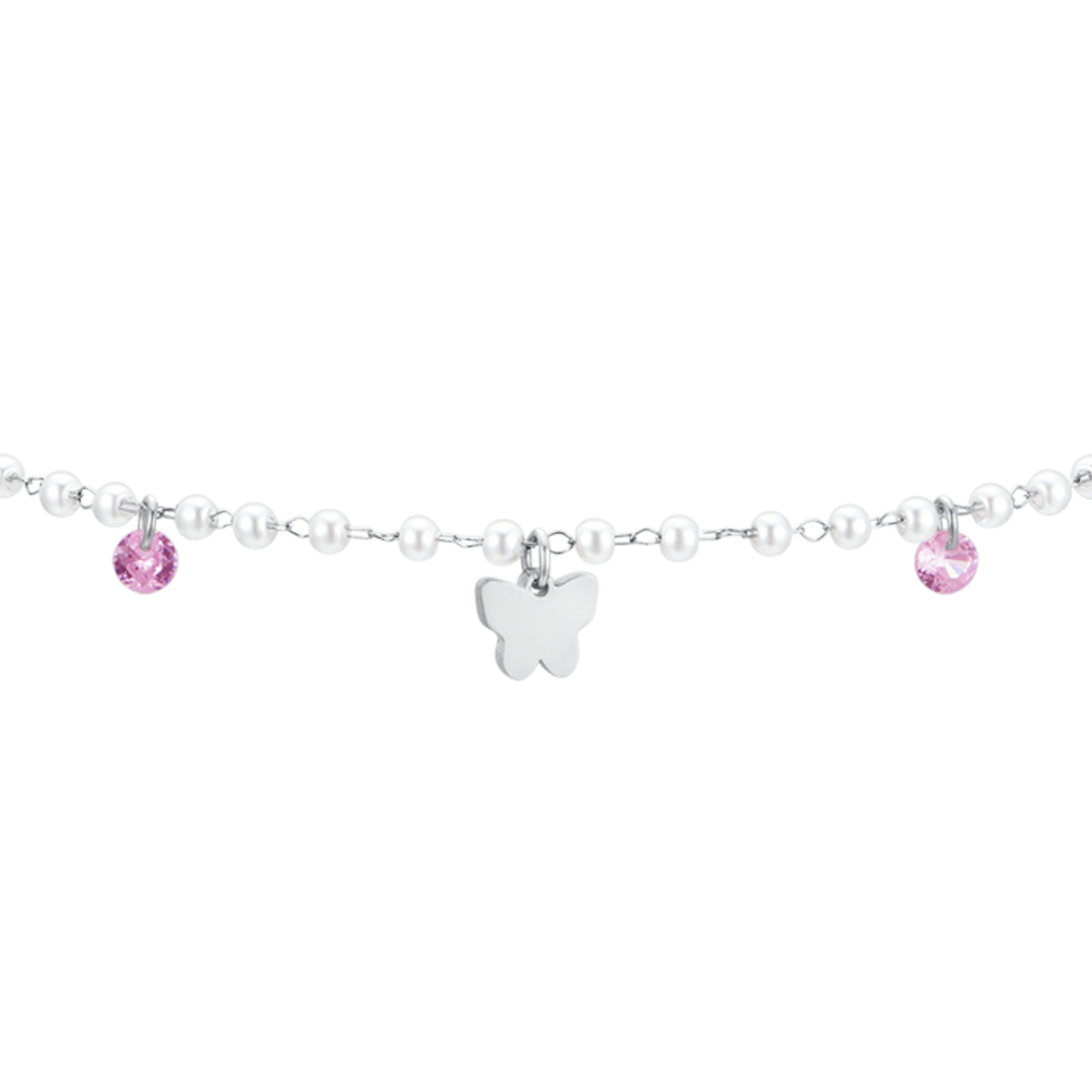 TOBILLERA DE ACERO PARA MUJER CON PERLAS Y MARIPOSAS
