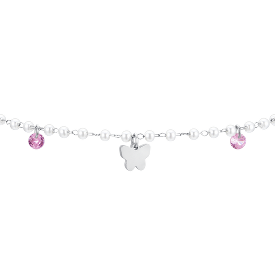 TOBILLERA DE ACERO PARA MUJER CON PERLAS Y MARIPOSAS