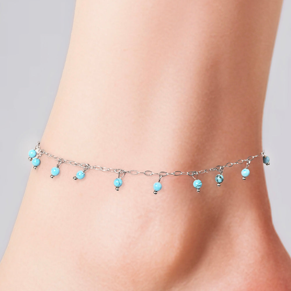 TOBILLERA DE ACERO PARA MUJER PIEDRAS TURQUESA