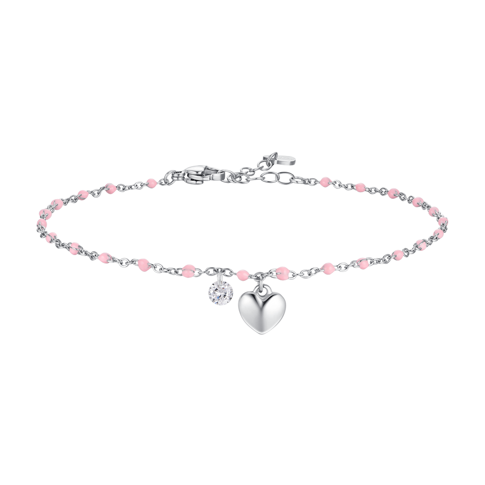 CAVIGLIERA DONNA IN ACCIAIO CON CUORE, CRISTALLO E PIETRE CON SMALTO ROSA