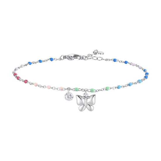 CAVIGLIERA DONNA IN ACCIAIO CON FARFALLA,CRISTALLO E PIETRE MULTICOLOR