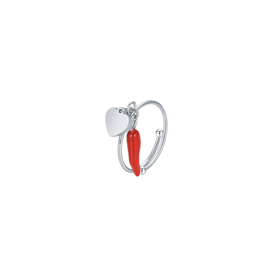 ANILLO DE NIÑA DE ACERO CON CUERNO ROJO Y CORAZÓN