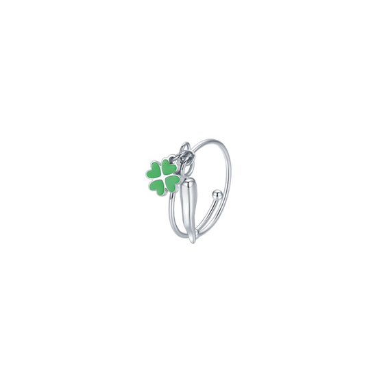 ANILLO DE ACERO PARA CHICAS CON CUERNO Y TRÉBOL VERDE