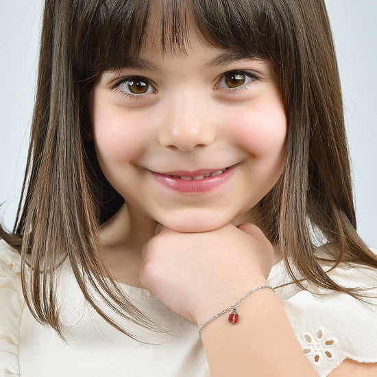 PULSERA DE ACERO PARA NIÑA CON MARIQUITA Y CRISTALES ROJOS