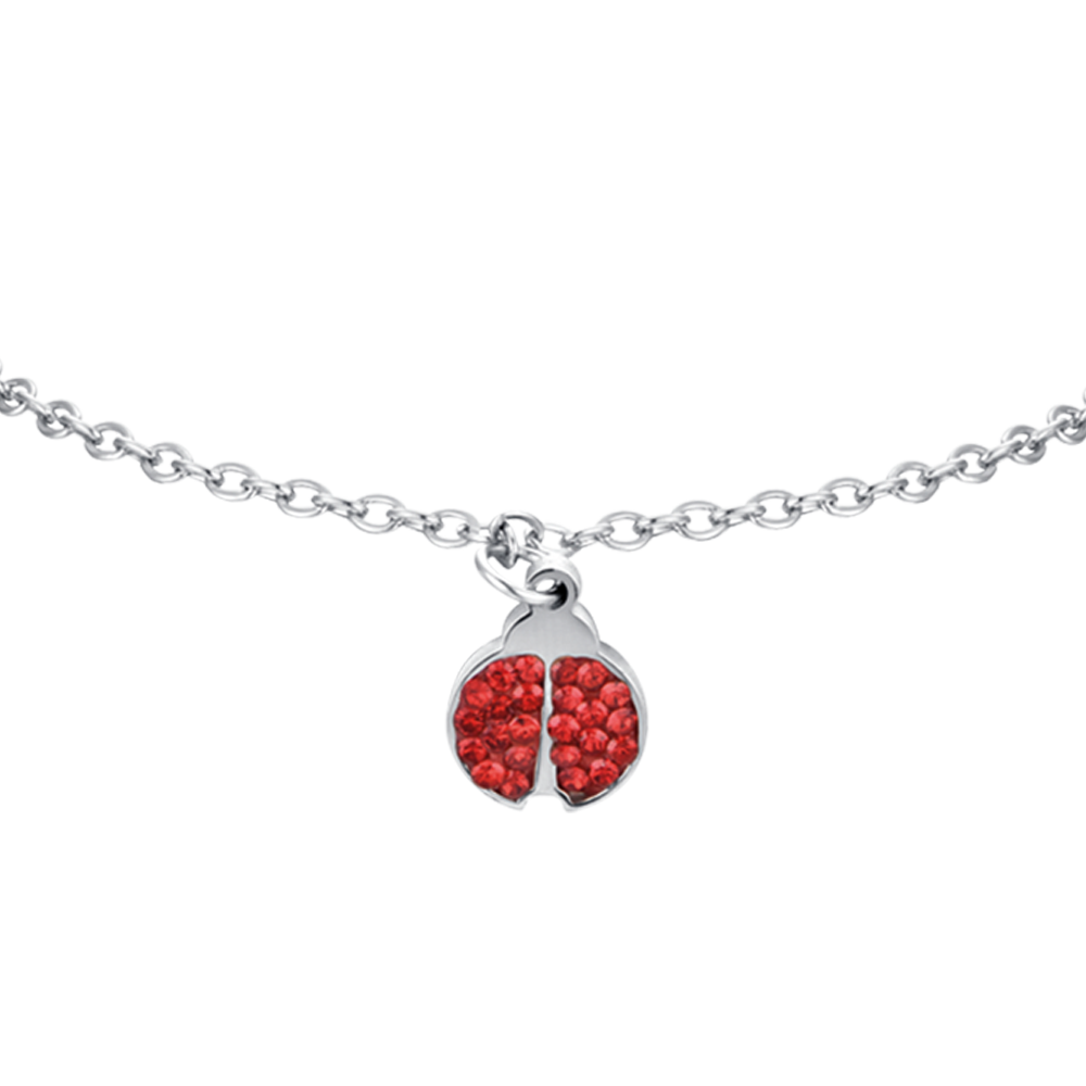 PULSERA DE ACERO PARA NIÑA CON MARIQUITA Y CRISTALES ROJOS