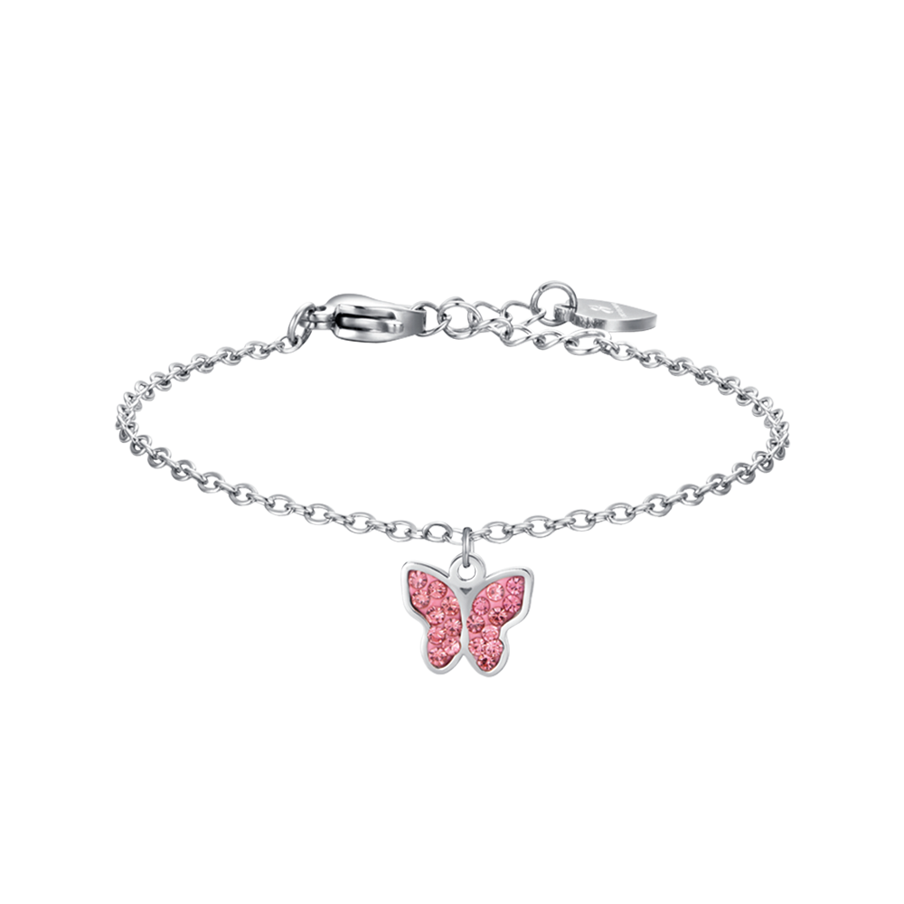 PULSERA DE ACERO PARA NIÑA CON MARIPOSA Y CRISTALES ROSAS