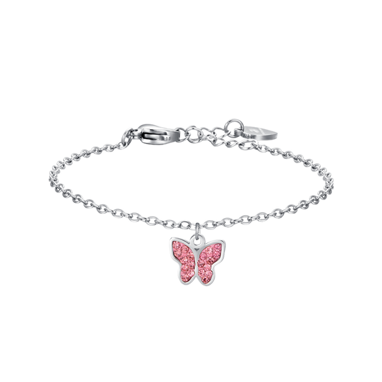 PULSERA INFANTIL DE ACERO CON MARIPOSA Y CRISTALES ROSAS Luca Barra