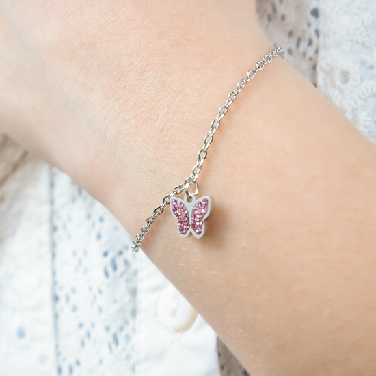 PULSERA INFANTIL DE ACERO CON MARIPOSA Y CRISTALES ROSAS Luca Barra