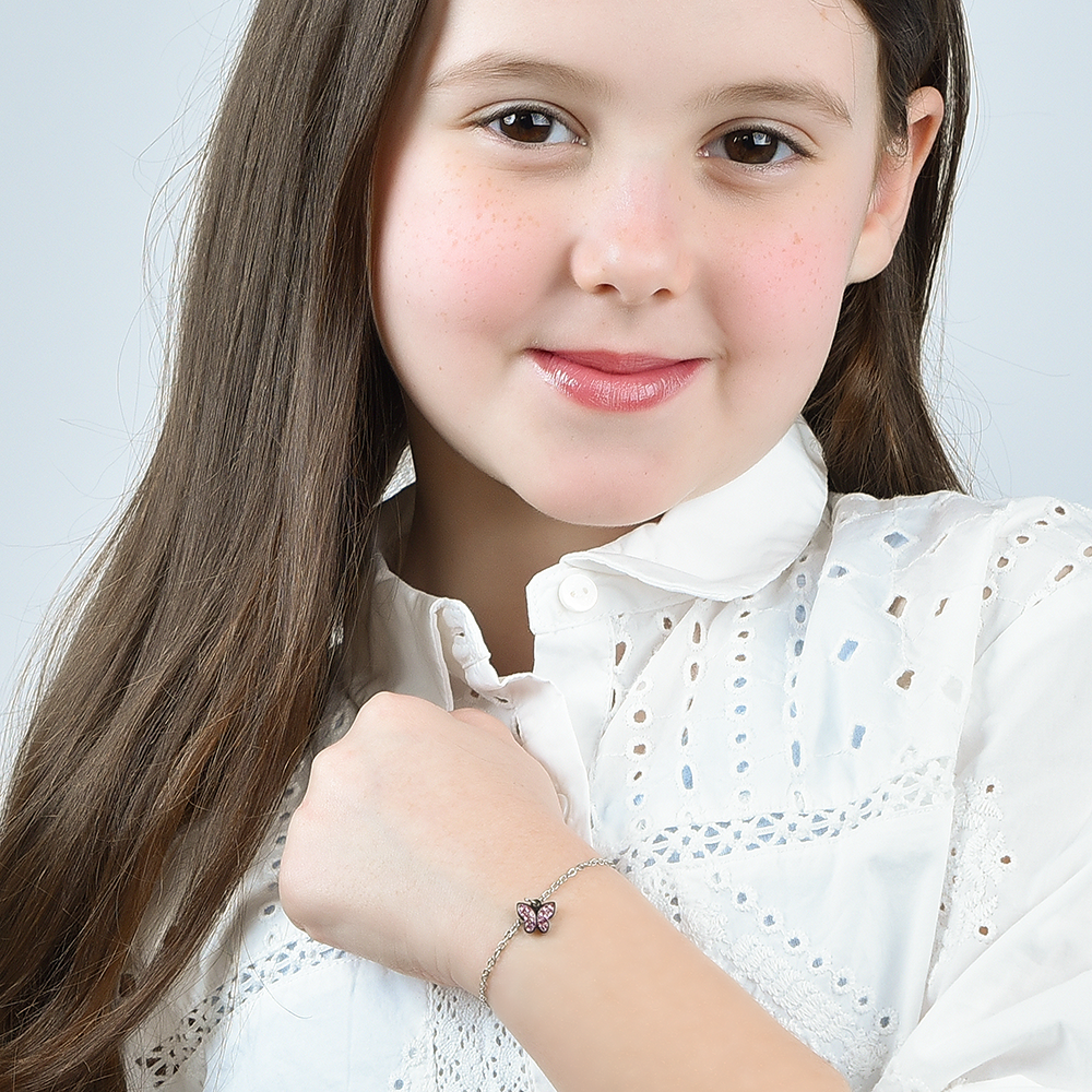 PULSERA DE ACERO PARA NIÑA CON MARIPOSA Y CRISTALES ROSAS