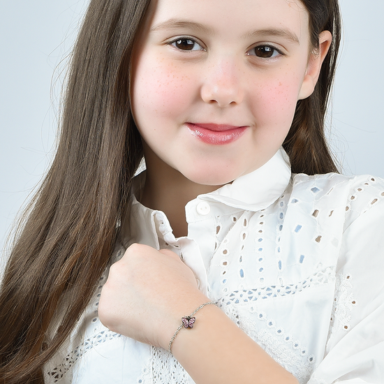 PULSERA DE ACERO PARA NIÑA CON MARIPOSA Y CRISTALES ROSAS