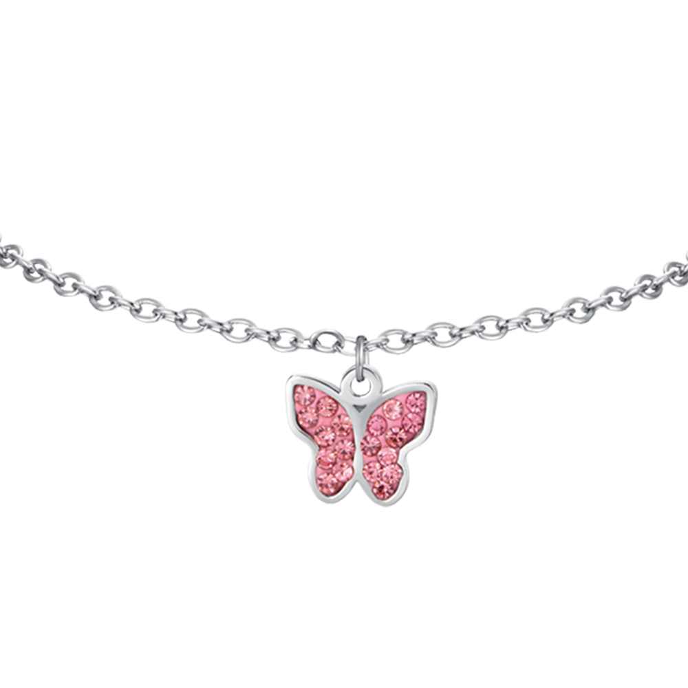 PULSERA DE ACERO PARA NIÑA CON MARIPOSA Y CRISTALES ROSAS