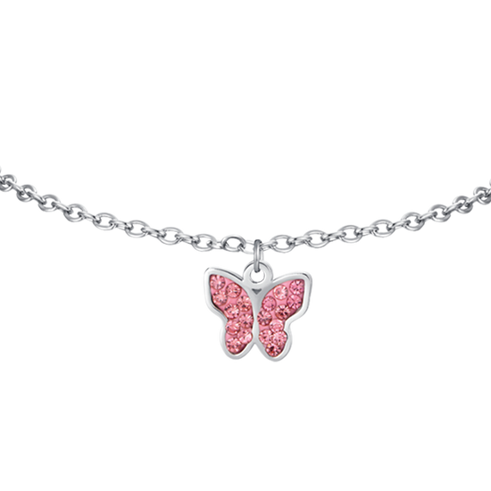 PULSERA DE ACERO PARA NIÑA CON MARIPOSA Y CRISTALES ROSAS