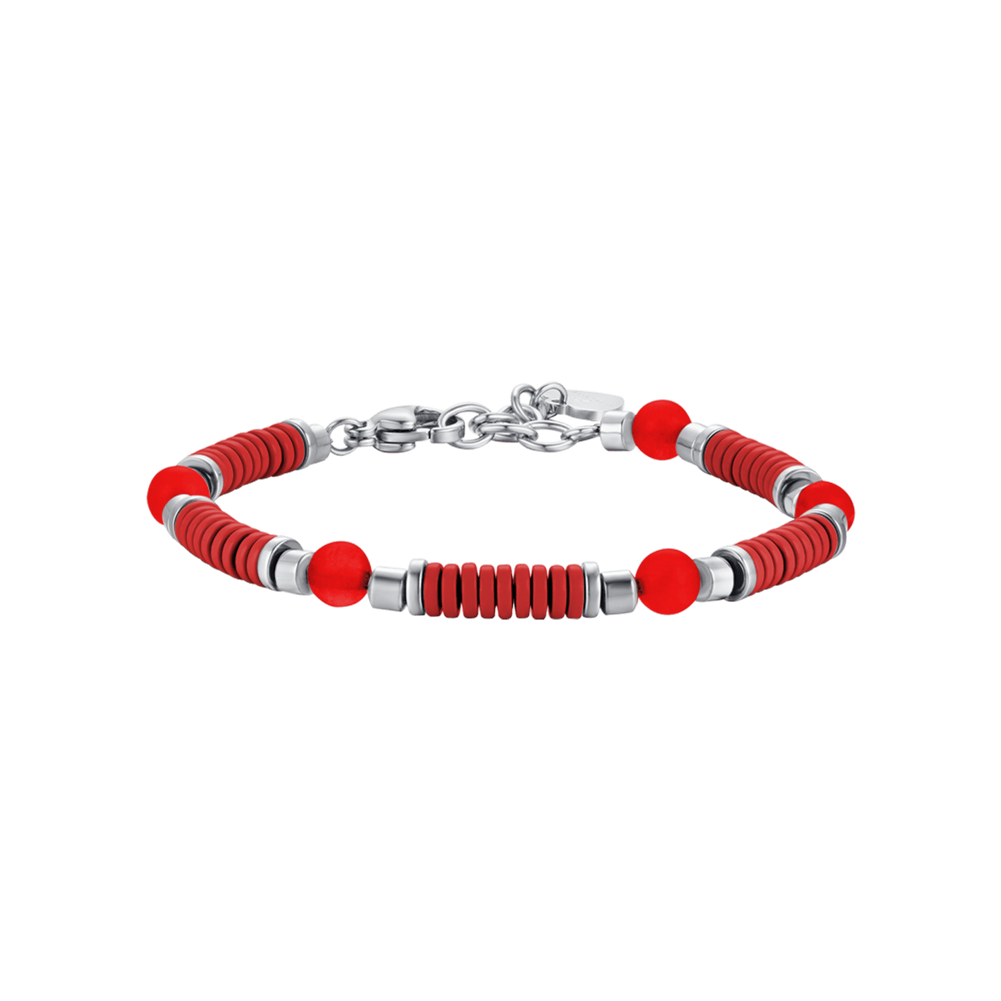 PULSERA DE ACERO PARA BEBÉ CON PIEDRAS ROJAS Y ELEMENTOS DE ESMALTE ROJO