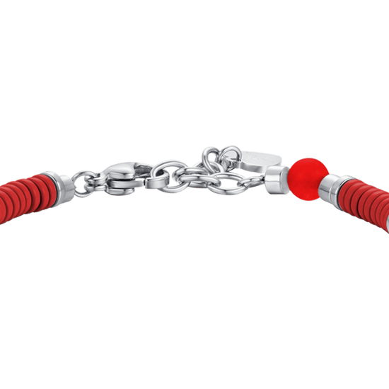 PULSERA DE ACERO PARA BEBÉ CON PIEDRAS ROJAS Y ELEMENTOS DE ESMALTE ROJO