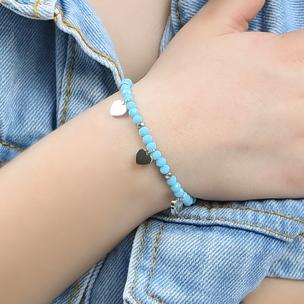 PULSERA DE ACERO PARA NIÑA CON PIEDRAS TURQUESAS Y CORAZONES