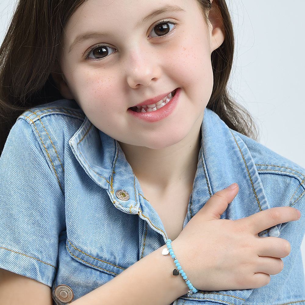 PULSERA DE ACERO PARA NIÑA CON PIEDRAS TURQUESAS Y CORAZONES