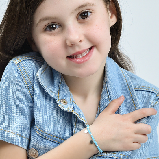 PULSERA DE ACERO PARA NIÑA CON PIEDRAS TURQUESAS Y CORAZONES