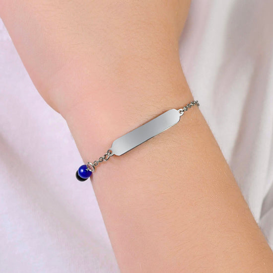 PULSERA DE ACERO PARA BEBÉ CON PIEDRAS AZULES Y NEGRAS