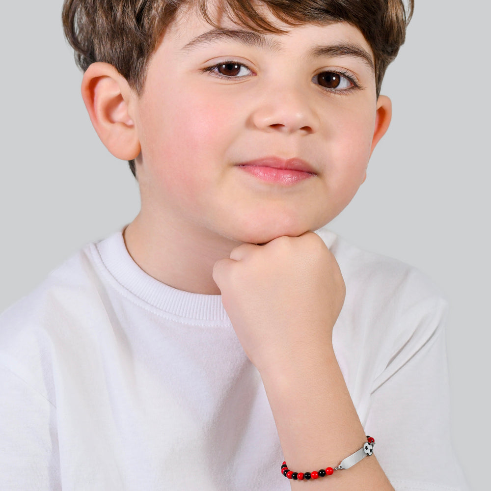 PULSERA DE ACERO PARA BEBÉ CON PIEDRAS ROJAS Y NEGRAS
