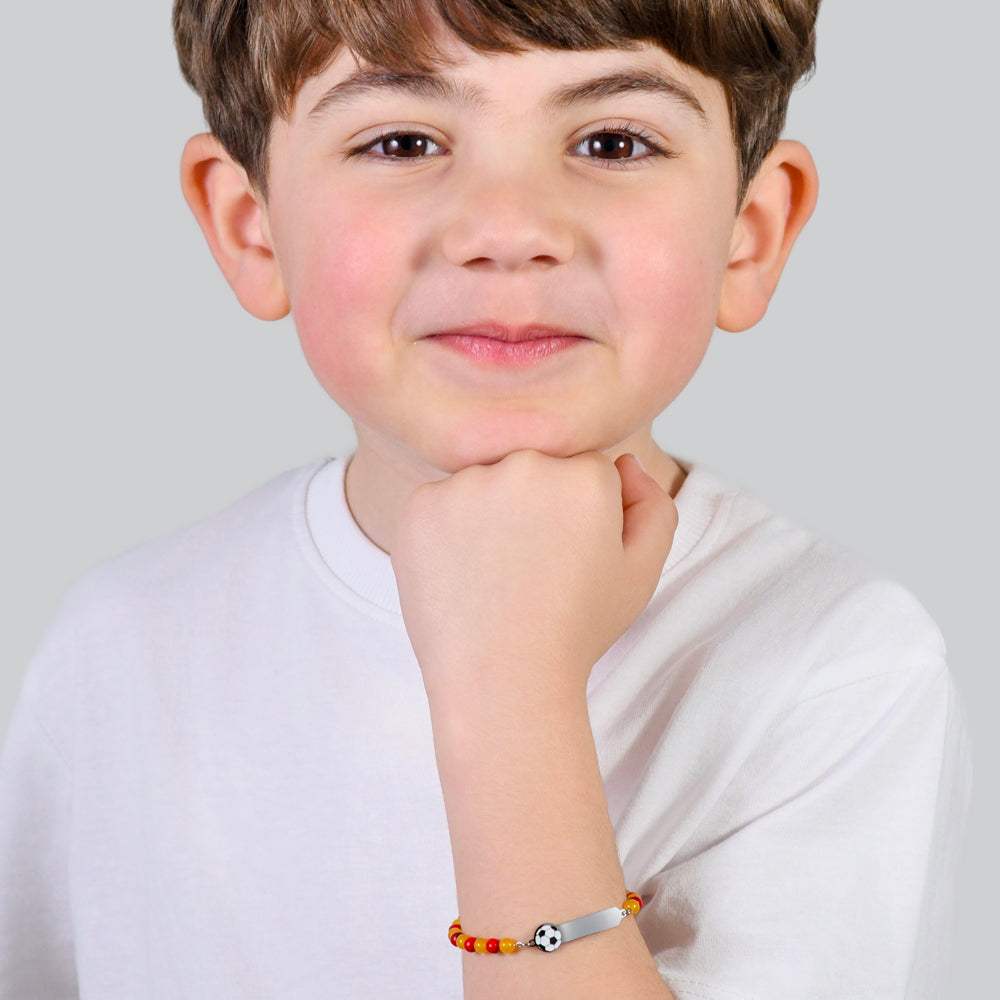 PULSERA DE ACERO PARA BEBÉ CON PIEDRAS ROJAS Y AMARILLAS