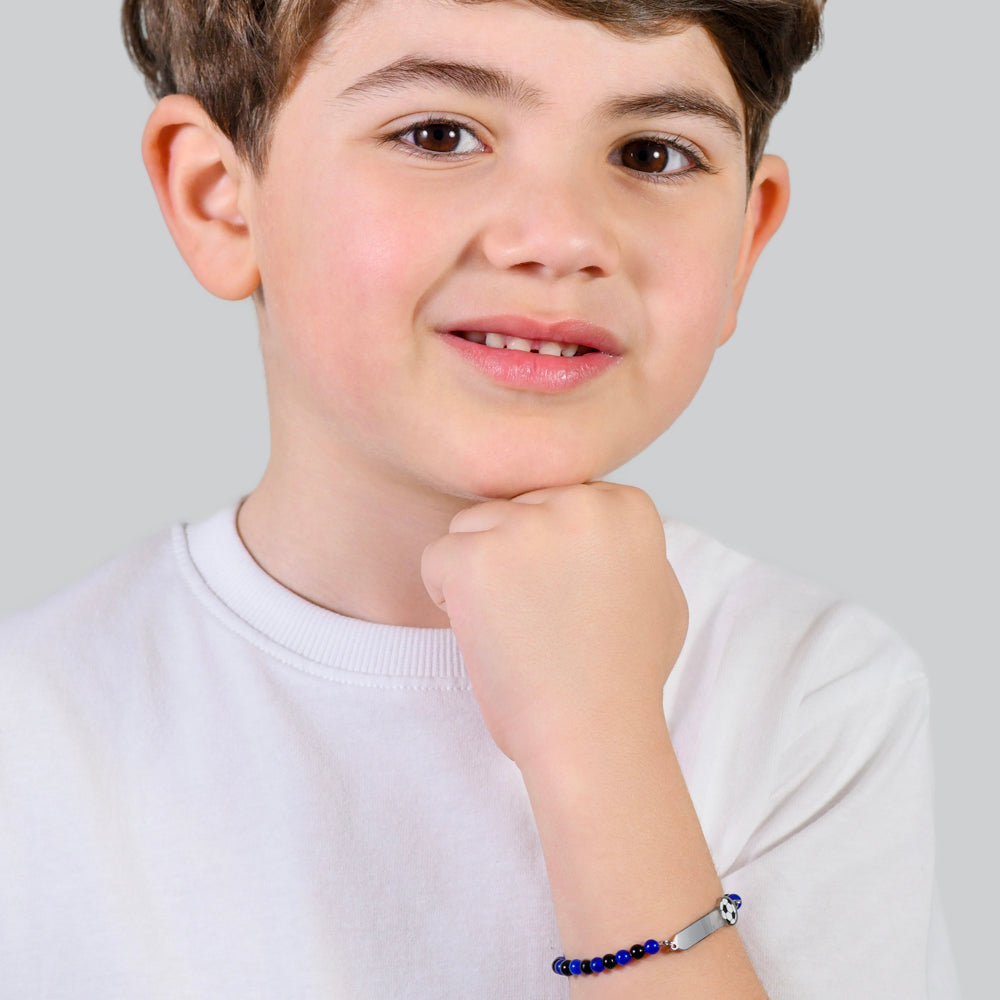 PULSERA DE ACERO PARA BEBÉ CON PIEDRAS AZULES Y NEGRAS