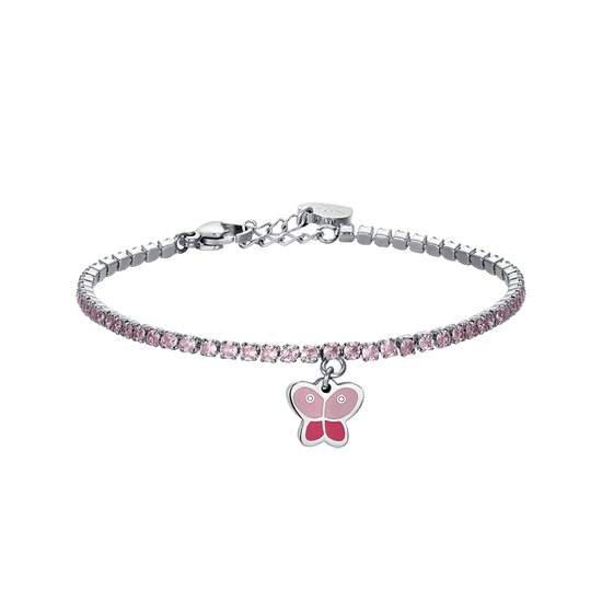 PULSERA DE TENIS DE ACERO PARA NIÑA CON CRISTALES ROSAS Y MARIPOSA
