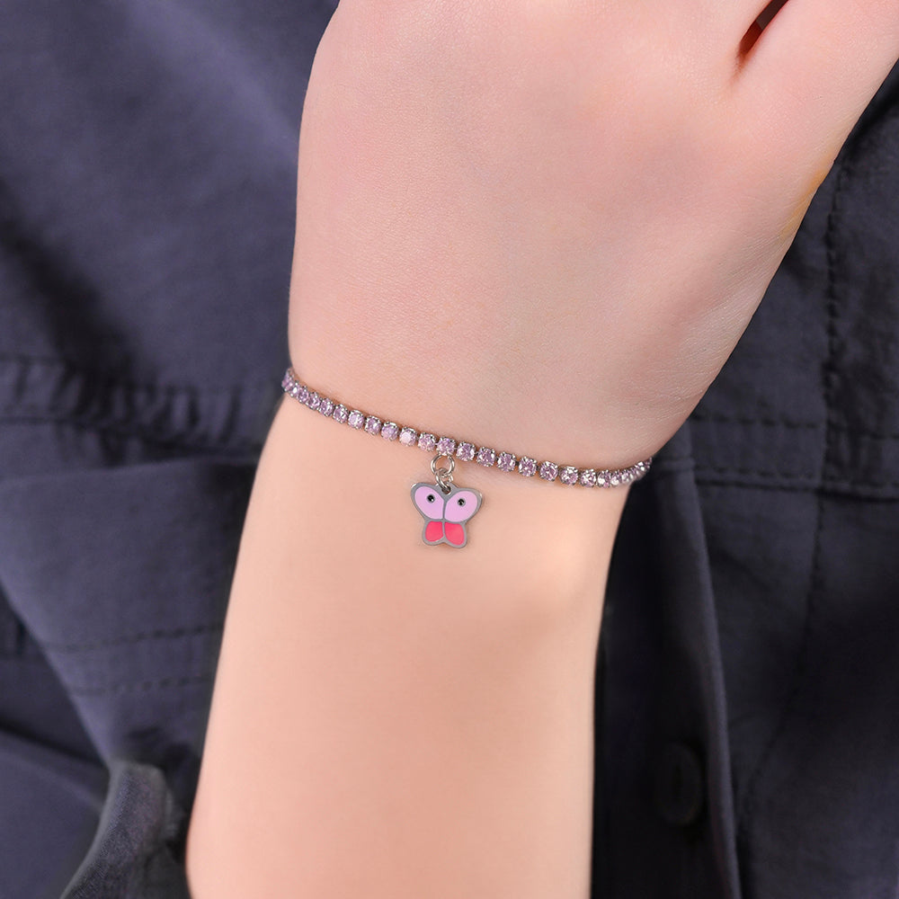 PULSERA DE TENIS DE ACERO PARA NIÑA CON CRISTALES ROSAS Y MARIPOSA