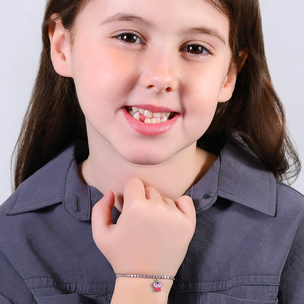 PULSERA DE TENIS DE ACERO PARA NIÑA CON CRISTALES ROSAS Y MARIPOSA