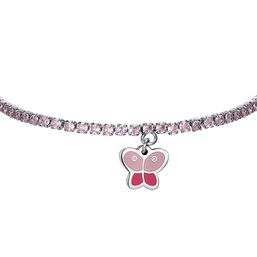 PULSERA DE TENIS DE ACERO PARA NIÑA CON CRISTALES ROSAS Y MARIPOSA