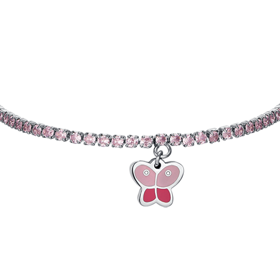 PULSERA DE TENIS DE ACERO PARA NIÑA CON CRISTALES ROSAS Y MARIPOSA
