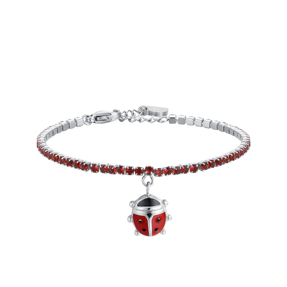 PULSERA DE TENIS DE ACERO PARA NIÑA CON CRISTALES ROJOS Y MARIQUITA