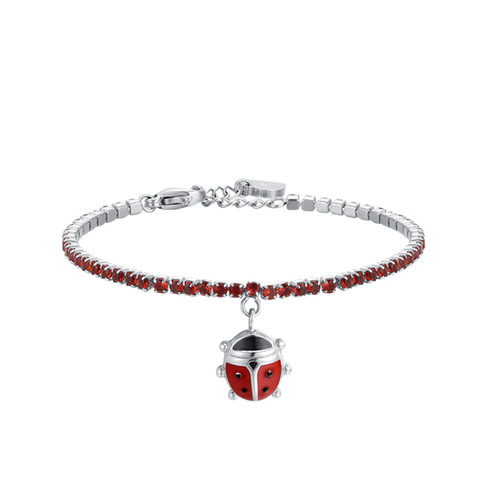 PULSERA DE TENIS DE ACERO PARA NIÑA CON CRISTALES ROJOS Y MARIQUITA