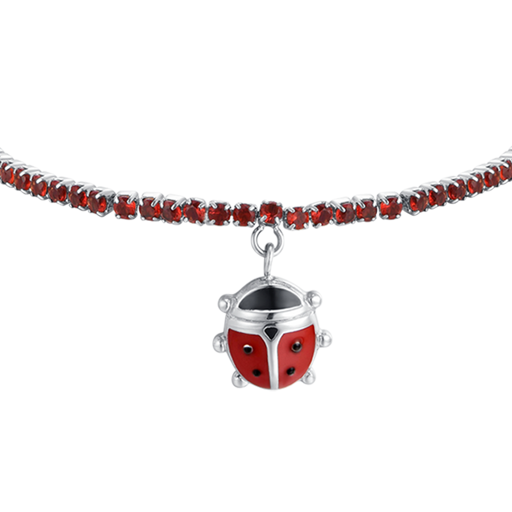 PULSERA DE TENIS DE ACERO PARA NIÑA CON CRISTALES ROJOS Y MARIQUITA